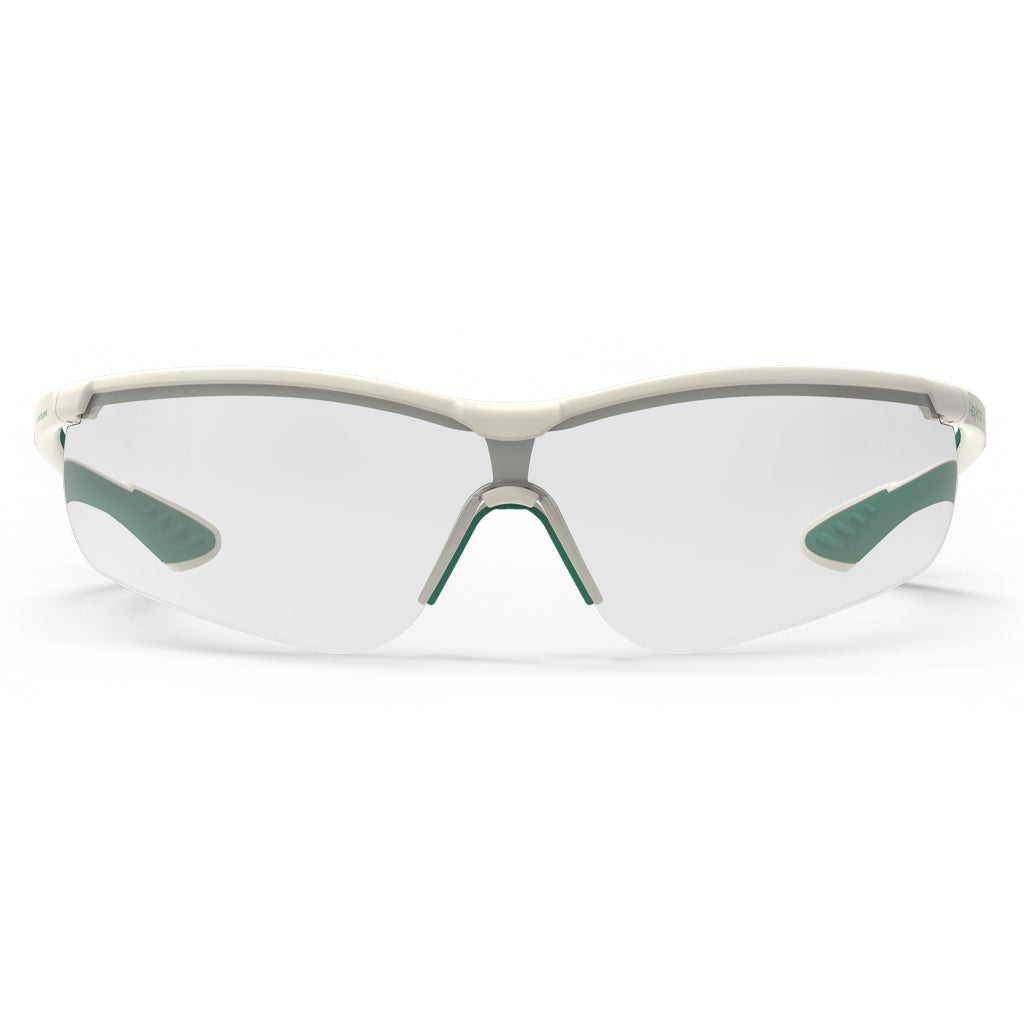 Green and white VS250 planet series sustainable scratch-resistant safety glasses as shown from the front.