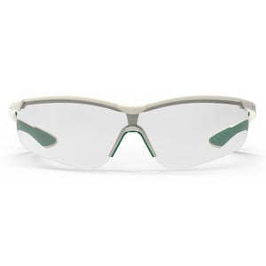 Green and white VS250 planet series sustainable scratch-resistant safety glasses as shown from the front.