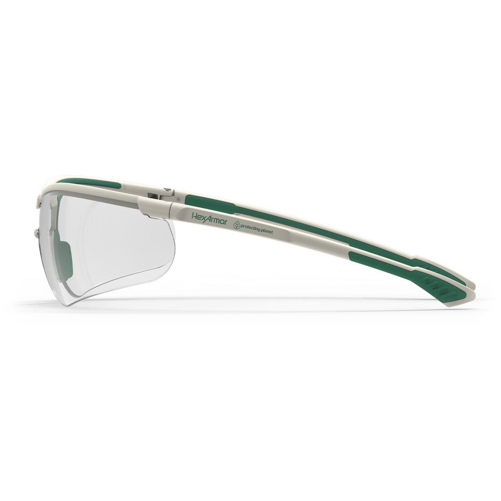 Green and white VS250 planet series sustainable anti-fog safety glasses from the side showcasing the HexArmor logo on the frame.