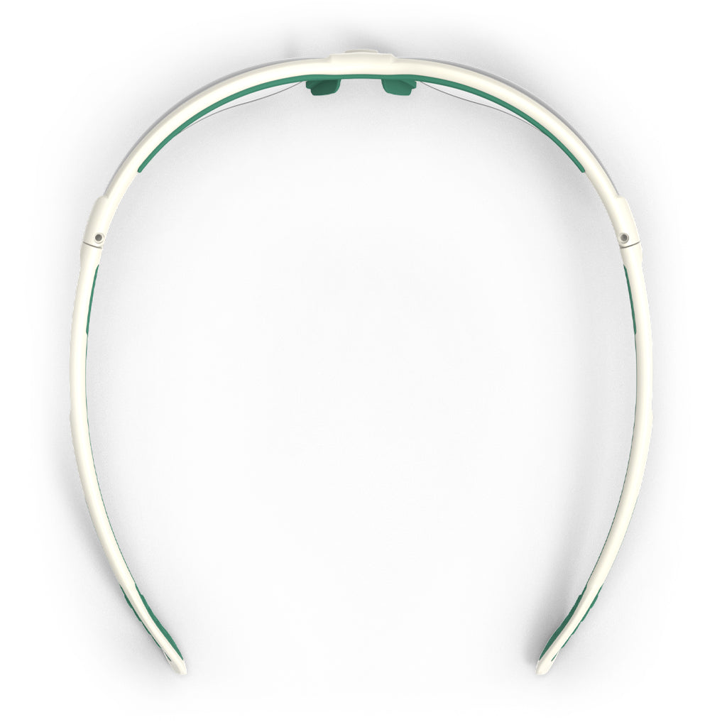 Green and white VS250 planet series sustainable scratch-resistant safety glasses from the top-down showcasing the adjustable nose piece.