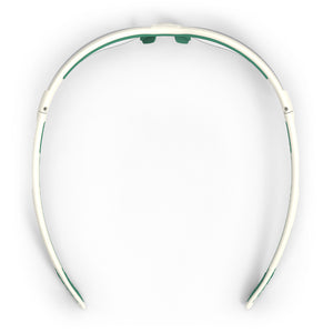 Green and white VS250 planet series sustainable scratch-resistant safety glasses from the top-down showcasing the adjustable nose piece.