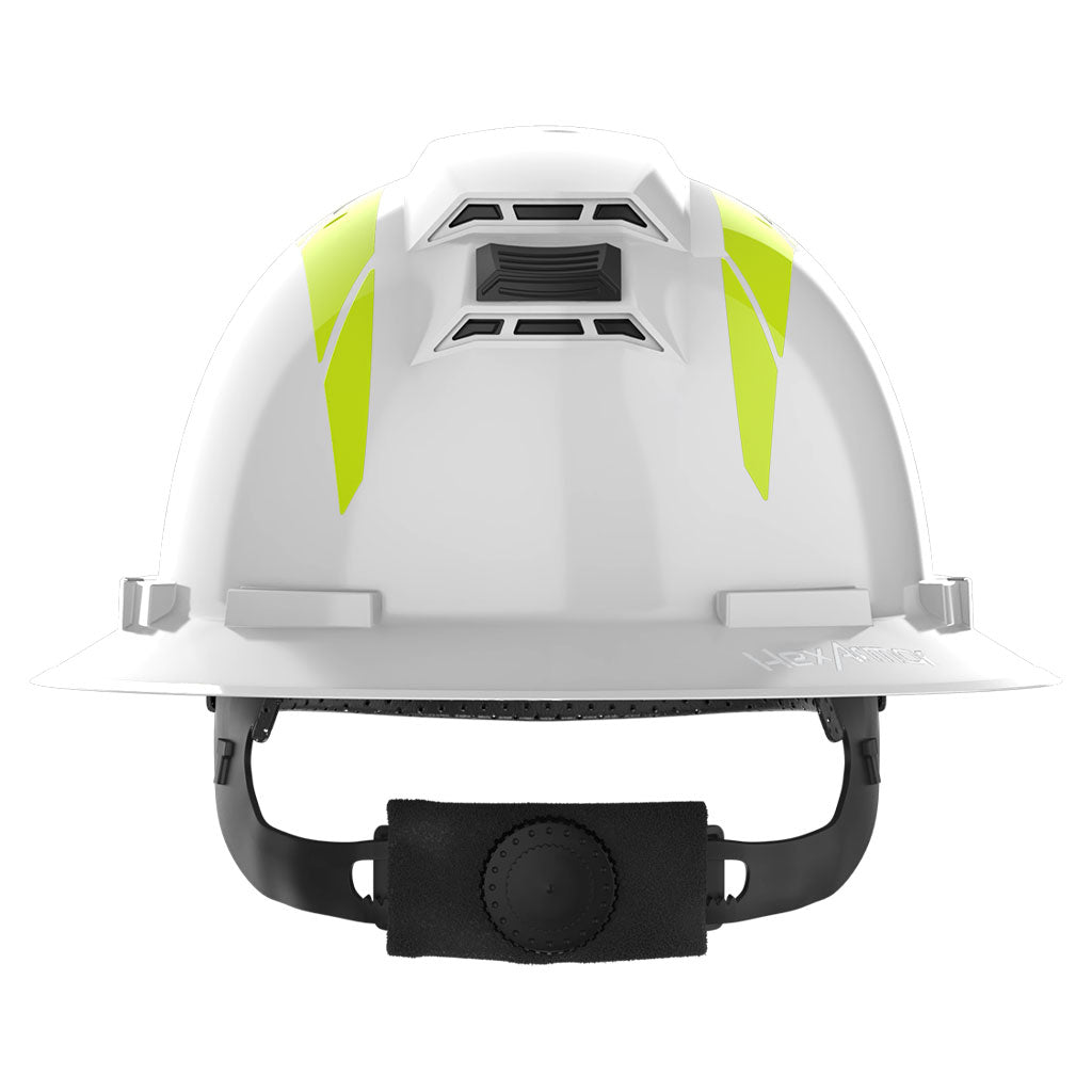 Full brim hi-vis reflective stickers rear view on helmet.