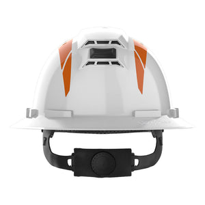 Full brim hi-vis orange reflective stickers rear view on helmet.