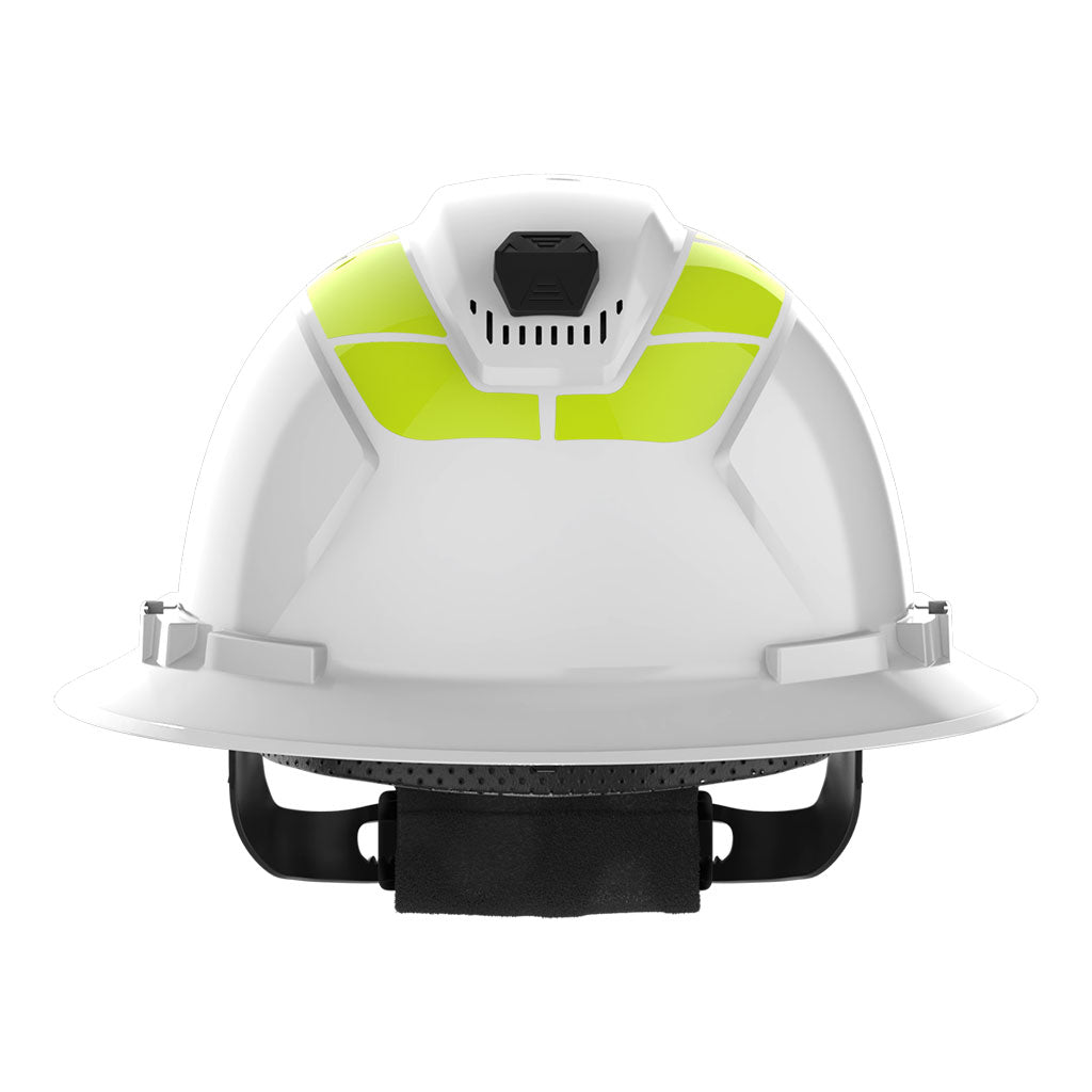 Full brim hi-vis reflective stickers front view on helmet.