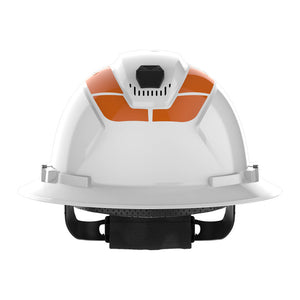 Full brim hi-vis orange reflective stickers front view on helmet.