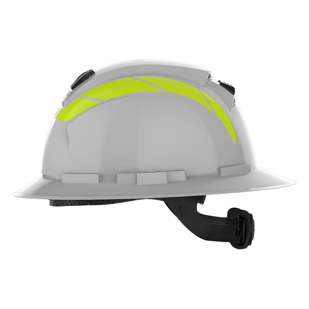 Full brim hi-vis reflective stickers side view on helmet.