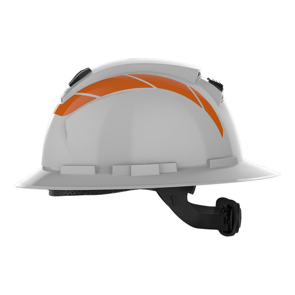 Full brim hi-vis orange reflective stickers side view on helmet.