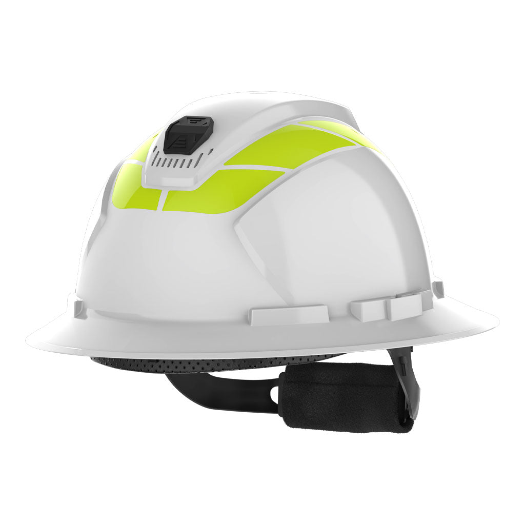 Full brim hi-vis reflective stickers for helmets sticker sheet as they appear after application on a hard hat.