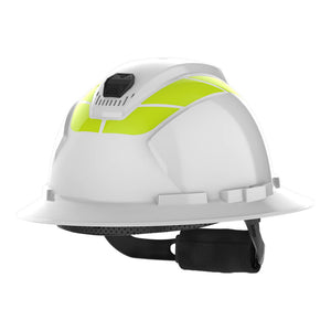 Full brim hi-vis reflective stickers for helmets sticker sheet as they appear after application on a hard hat.