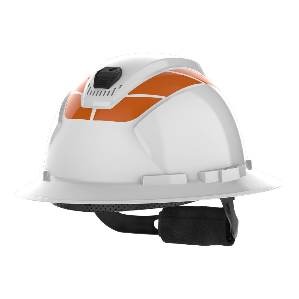 Full brim hi-vis orange reflective stickers for helmets sticker sheet as they appear after application on a hard hat.