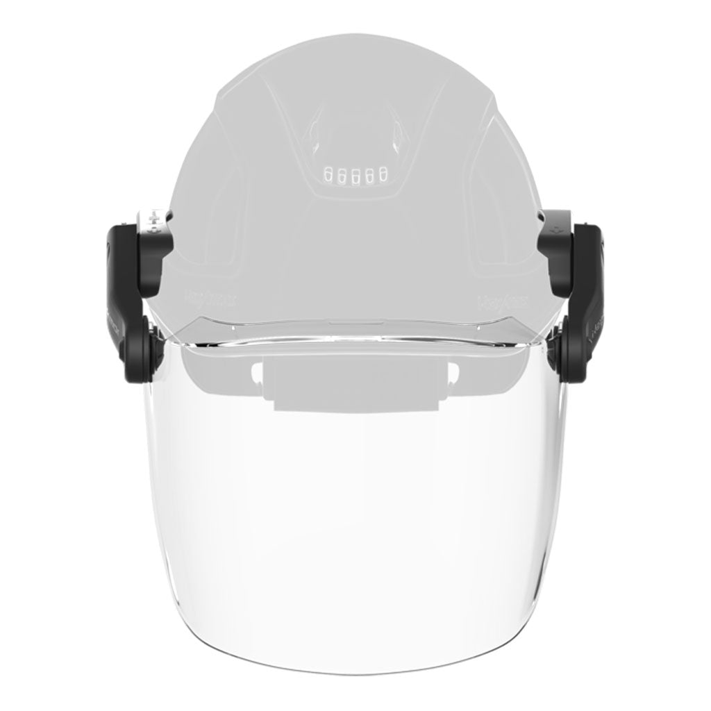 Ceros® XP mechanical face shield kit attached to helmet front view