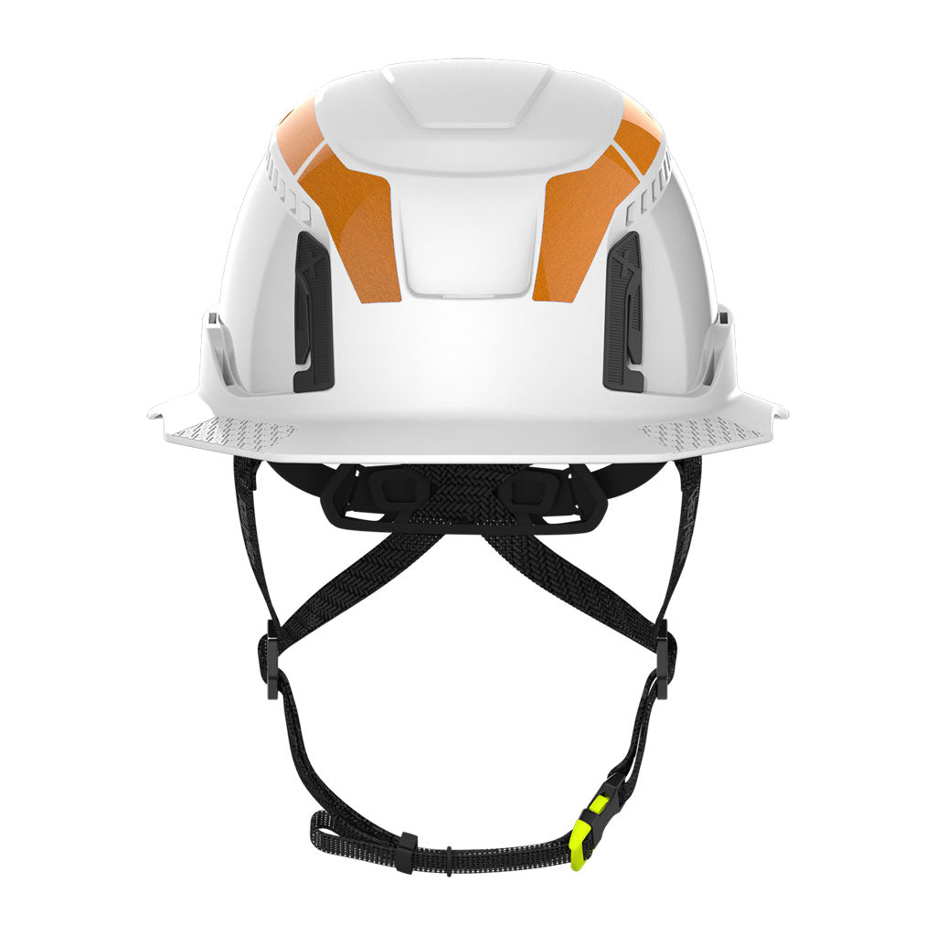 Type 2 full brim hi-vis orange reflective stickers front view on helmet.