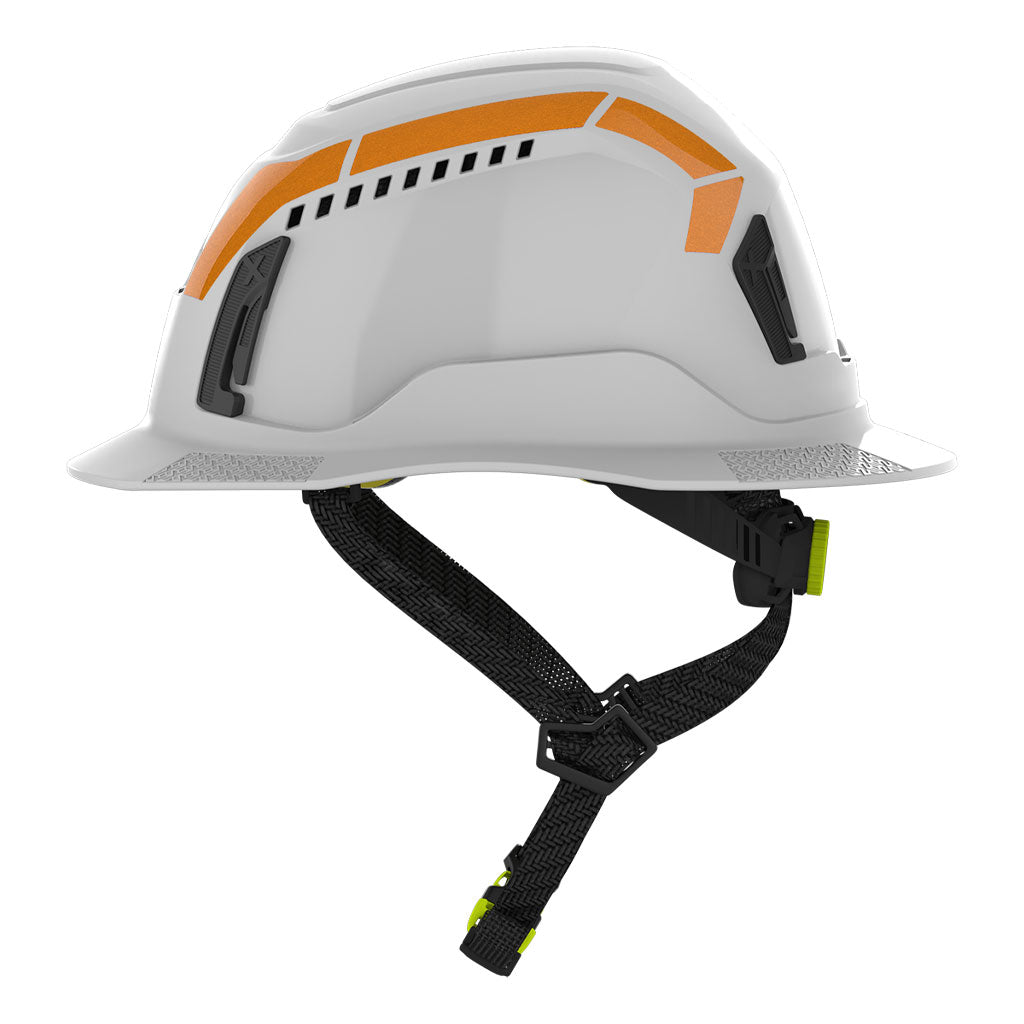 Type 2 full brim hi-vis orange reflective stickers side view on helmet.
