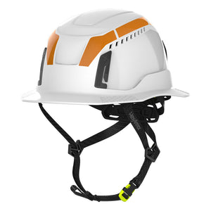 Type 2 full brim hi-vis orange reflective stickers for helmets sticker sheet as they appear after application on a hard hat.