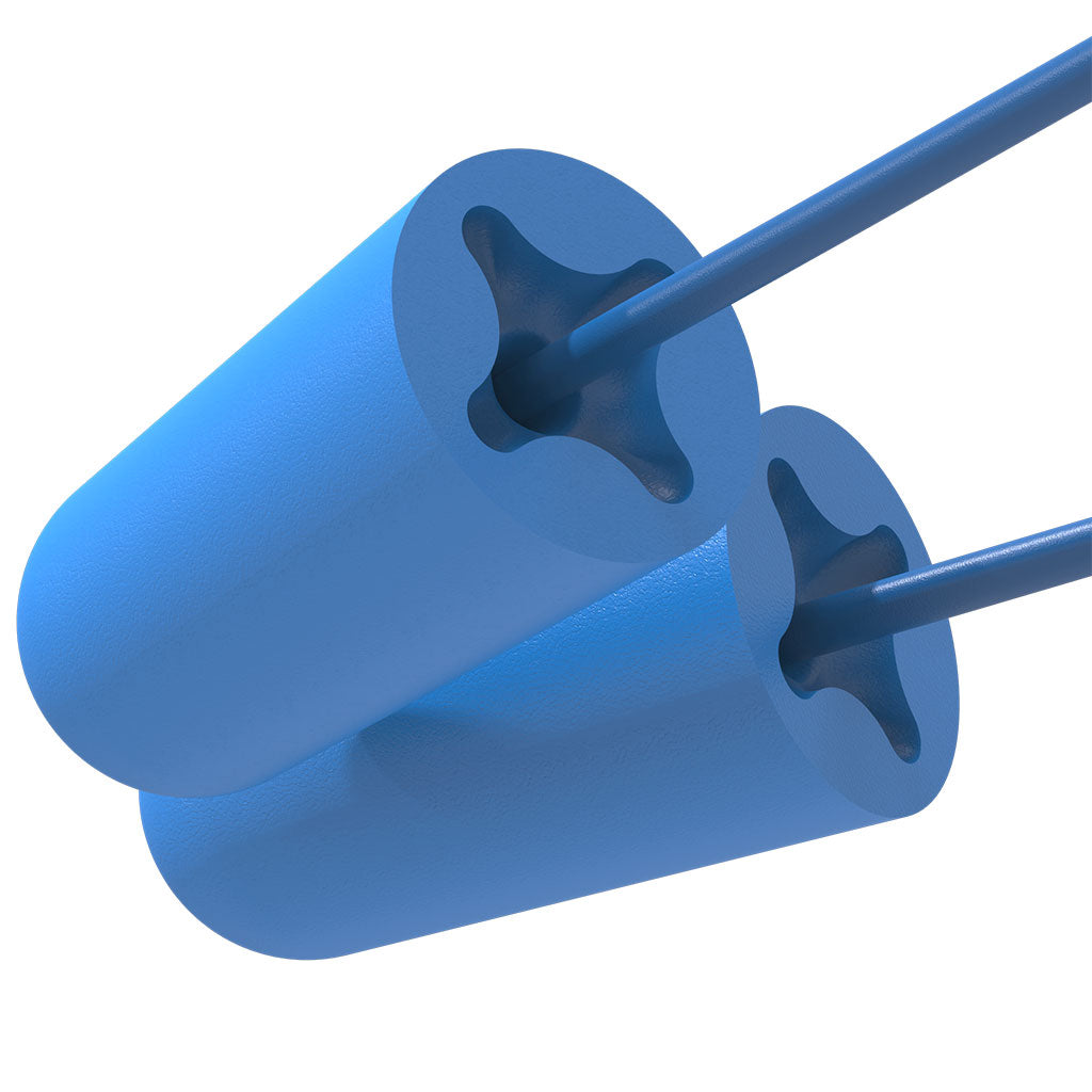 accuFit blue color detachable disposable earplug with cord close up of where connects right bottom angle