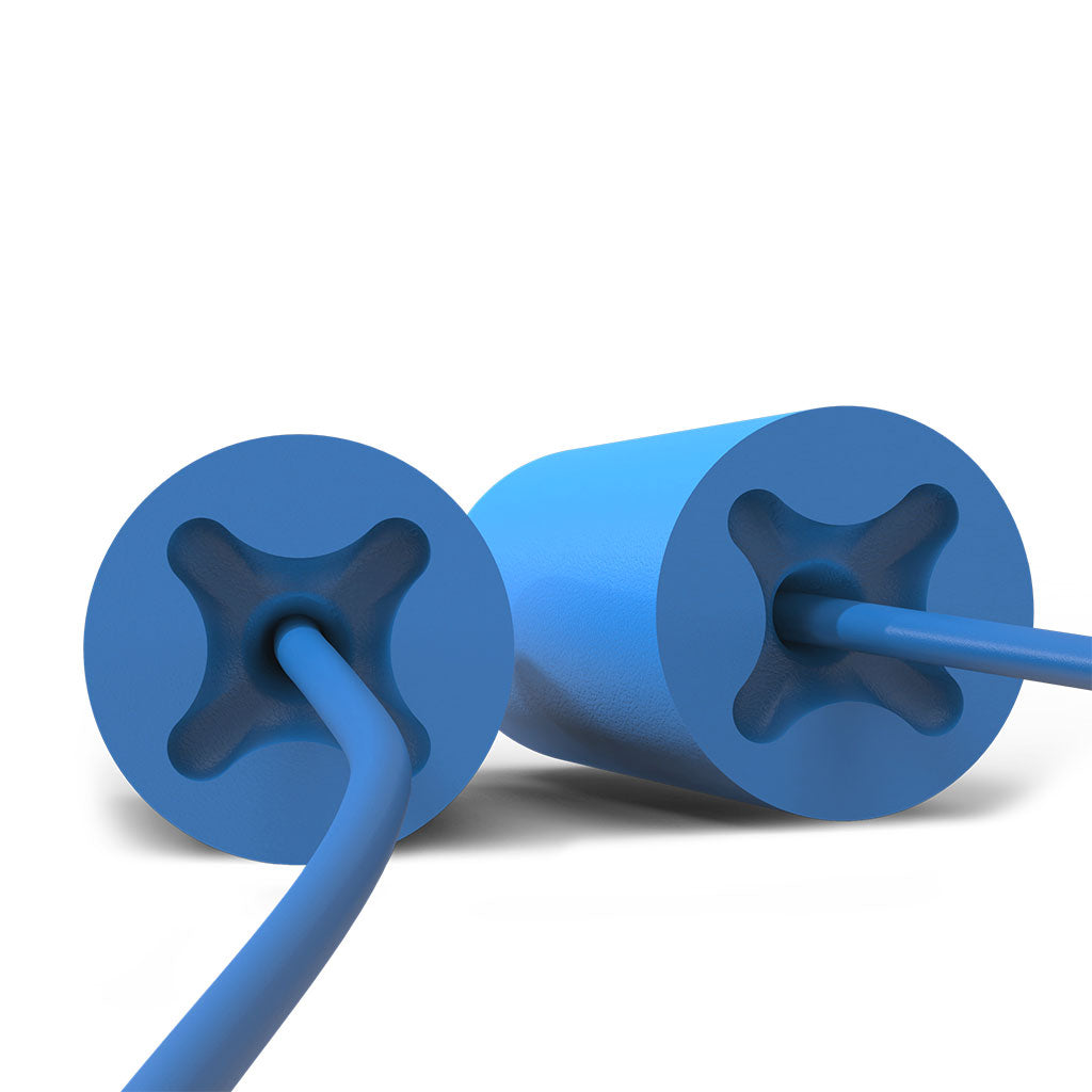 accuFit blue color detachable disposable earplug with cord close up view where cord connects
