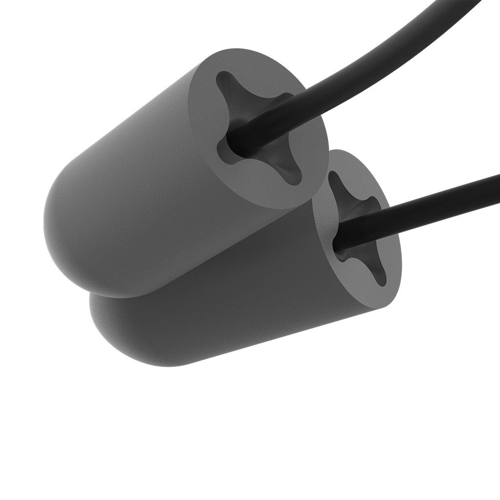 accuFit large earplug with black cord. Close up of cord in earplug. Bottom angle view.