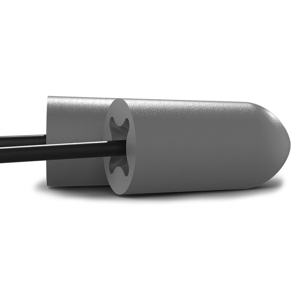 accuFit large earplug with black cord. Close up of cord in earplug. Side view.