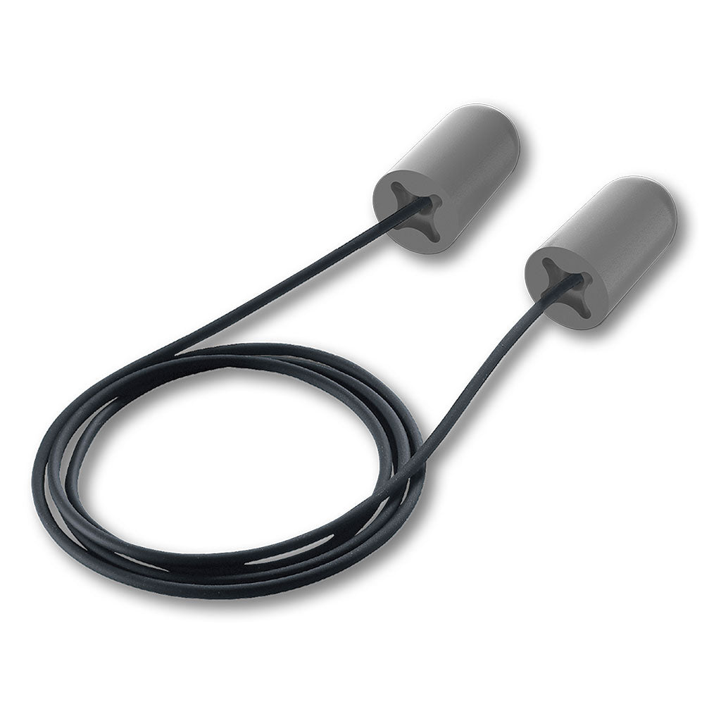 accuFit large earplug with black cord.
