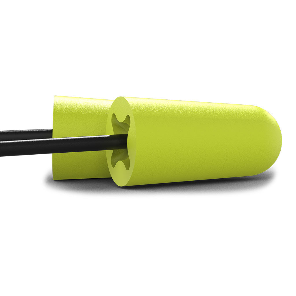 accuFit medium earplug with black cord close up of cord in earplug. Side view. 