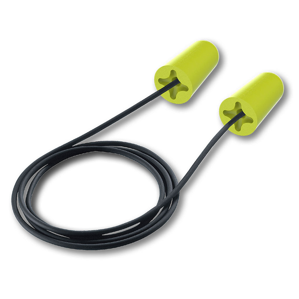 accuFit medium earplug with black cord close up of cord in earplug.