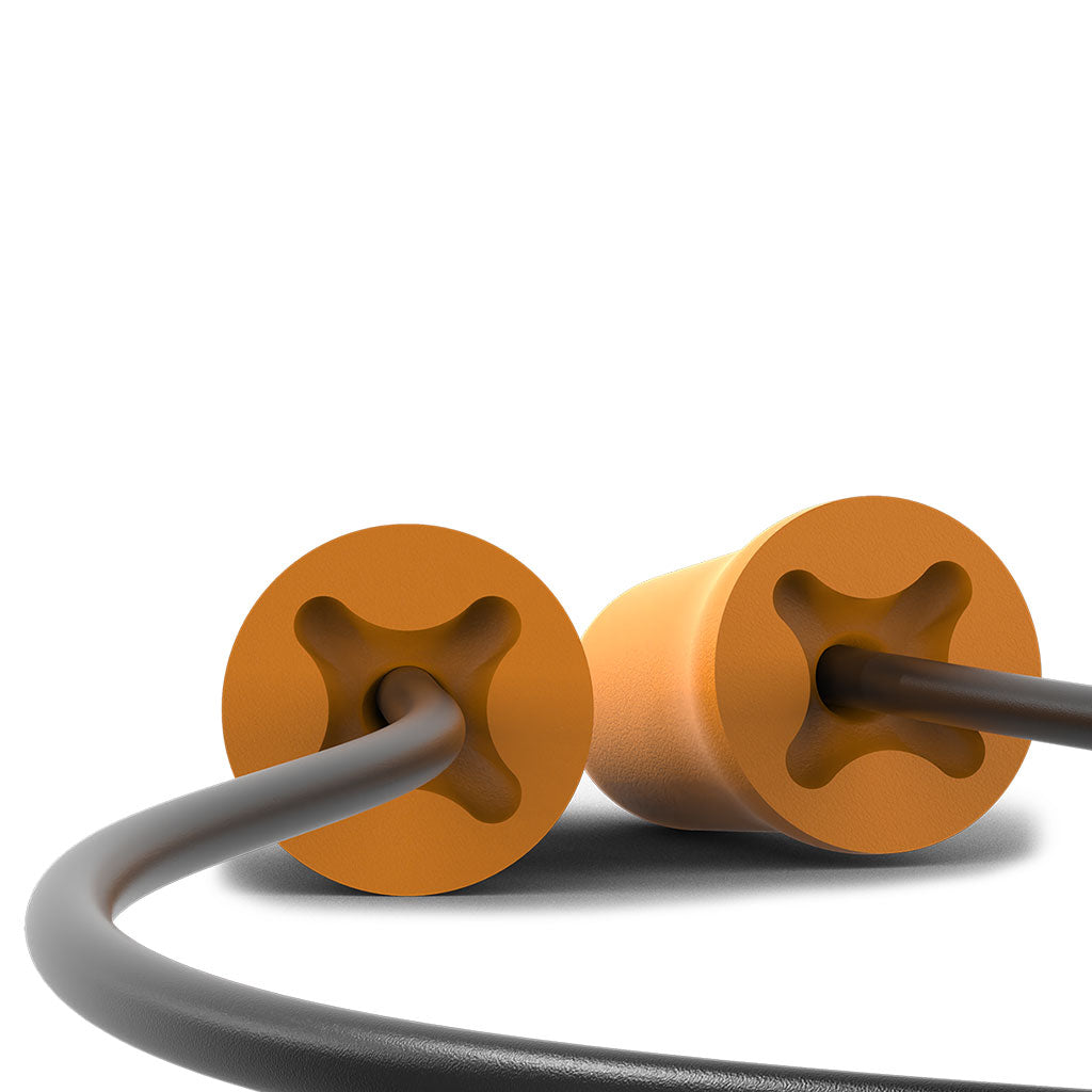 accuFit small earplug with black cord close up of cord in earplug.