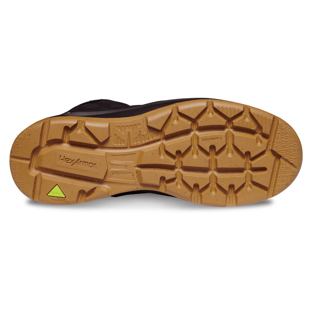 Bottom side of slip-resistant work boot showcasing the unique tread and MACSOLE rubber outsole.