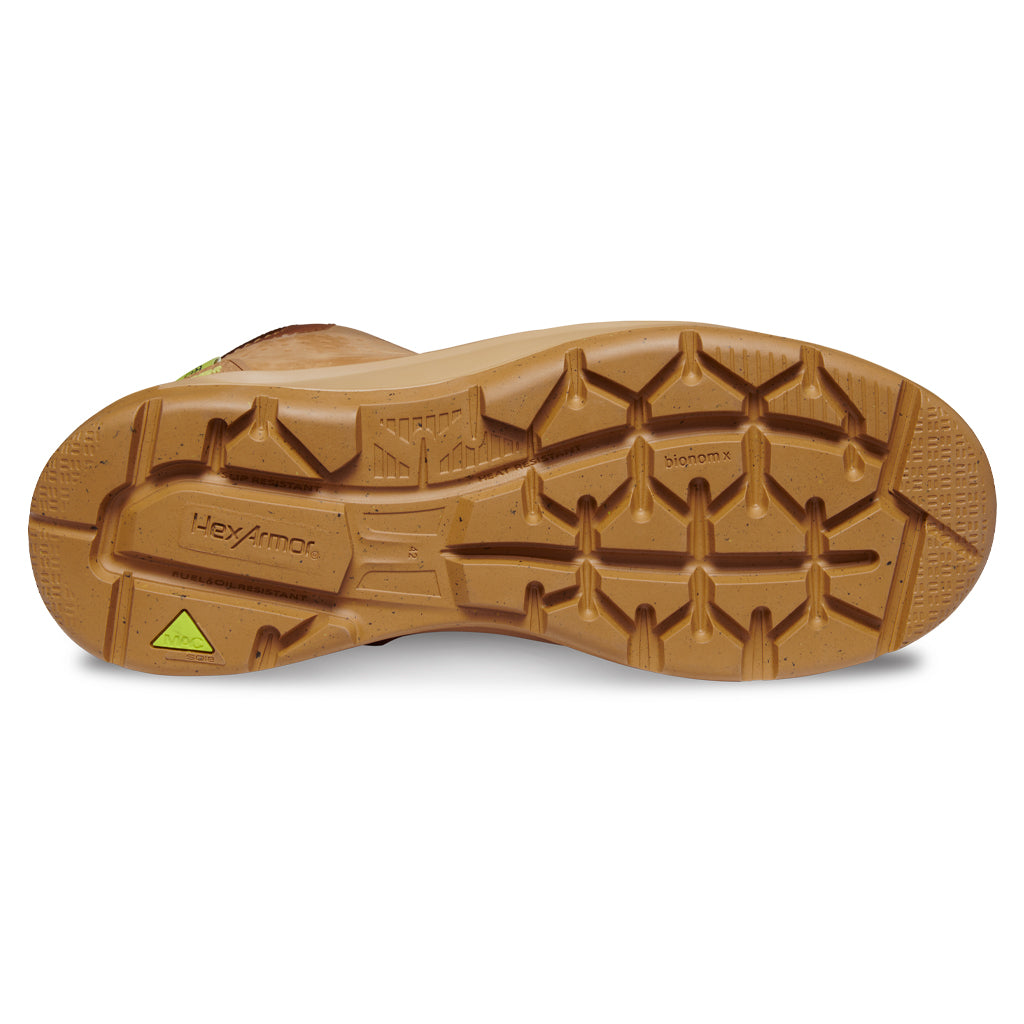 Bottom side of slip-resistant work boot showcasing the unique tread and MACSOLE rubber outsole.