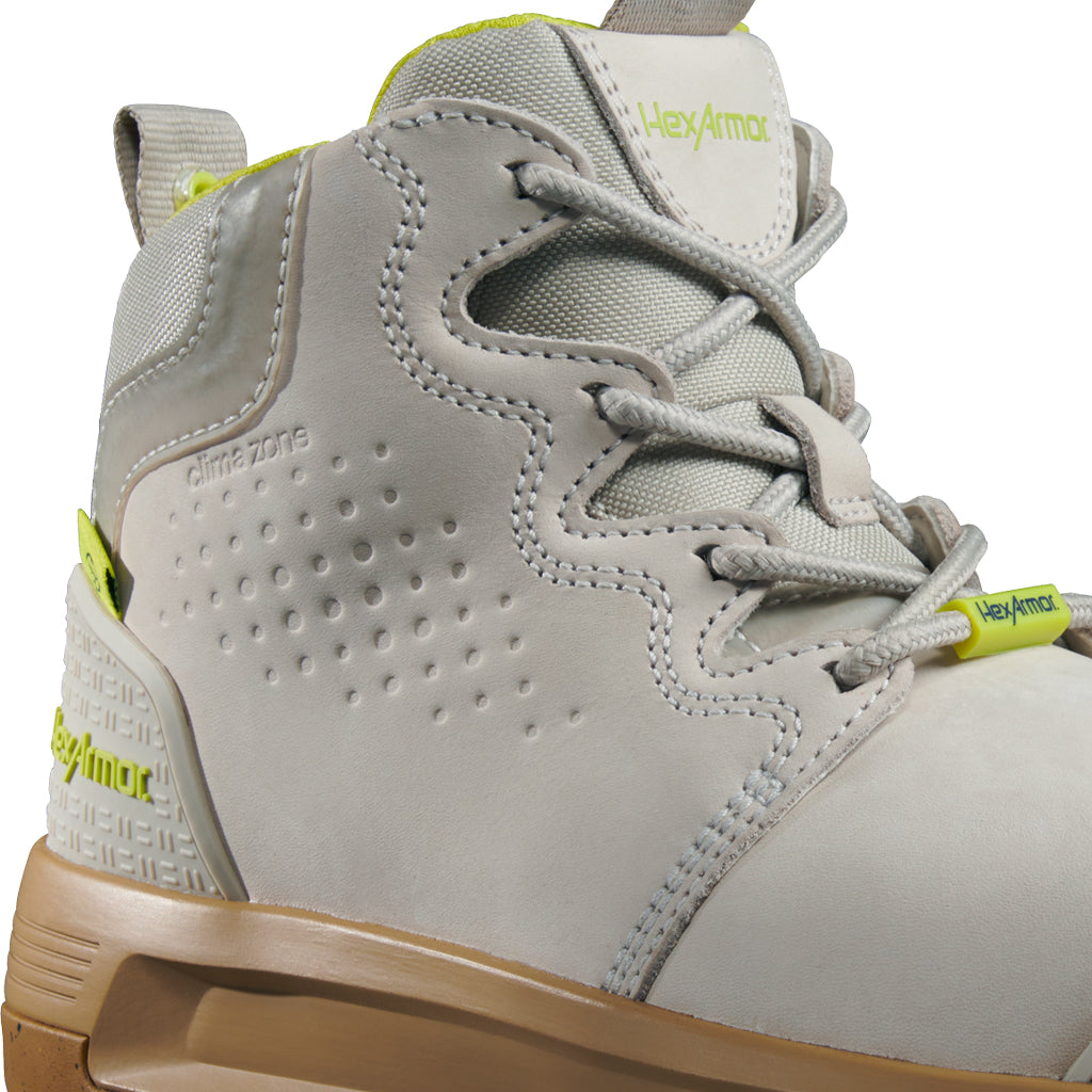 Up-close view of Xtend grey women's work boot’s lacing system for superior fit and comfort.