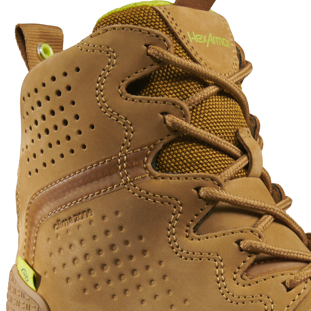Up-close view of Xtend tan 8-inch mens work boot’s lacing system for superior fit and comfort.