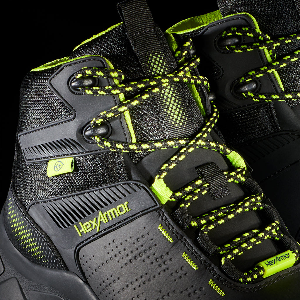 Up-close view of Xbase black mens work boot’s lacing system for superior fit and comfort.