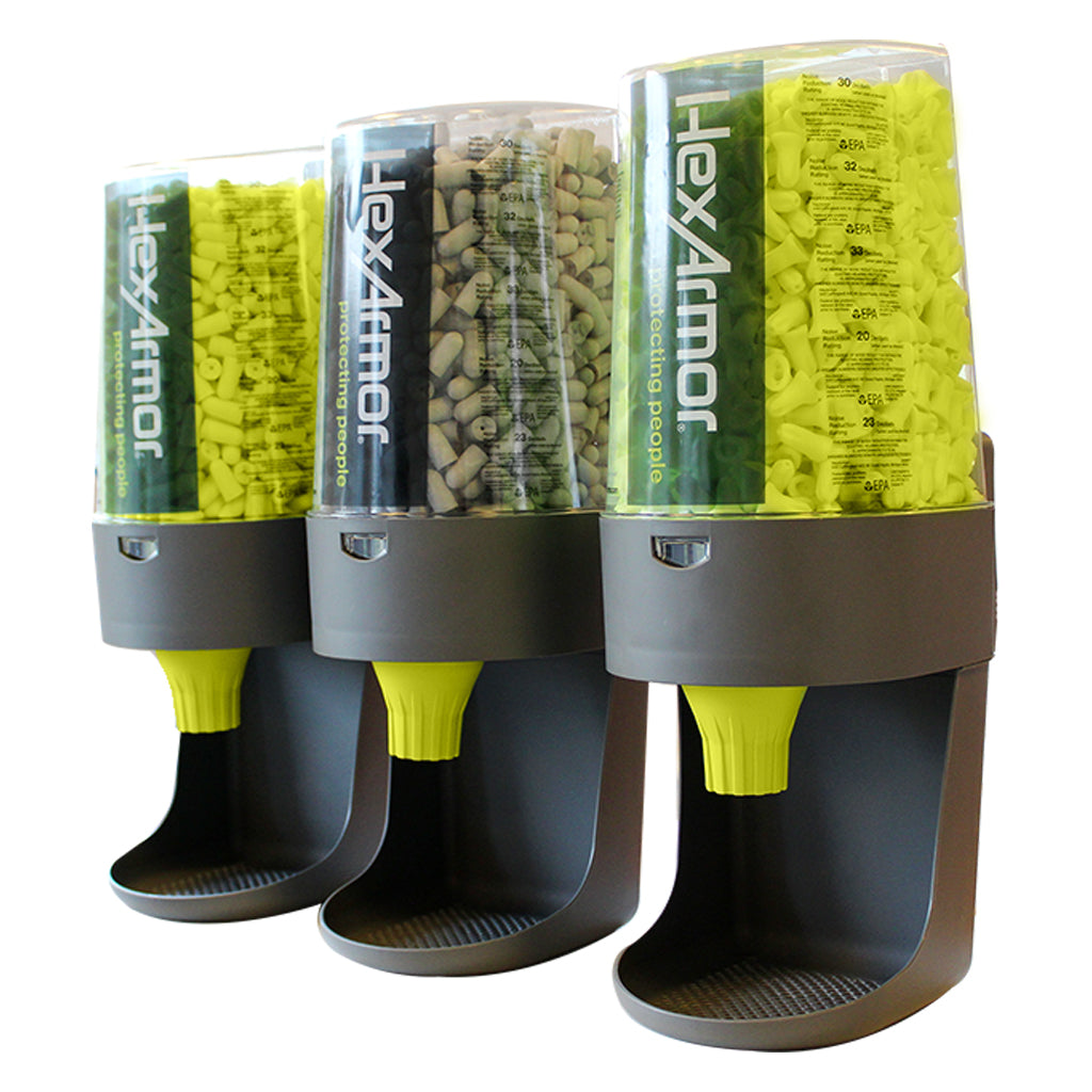 3 Turn2® refillable earplug dispenser next to each other