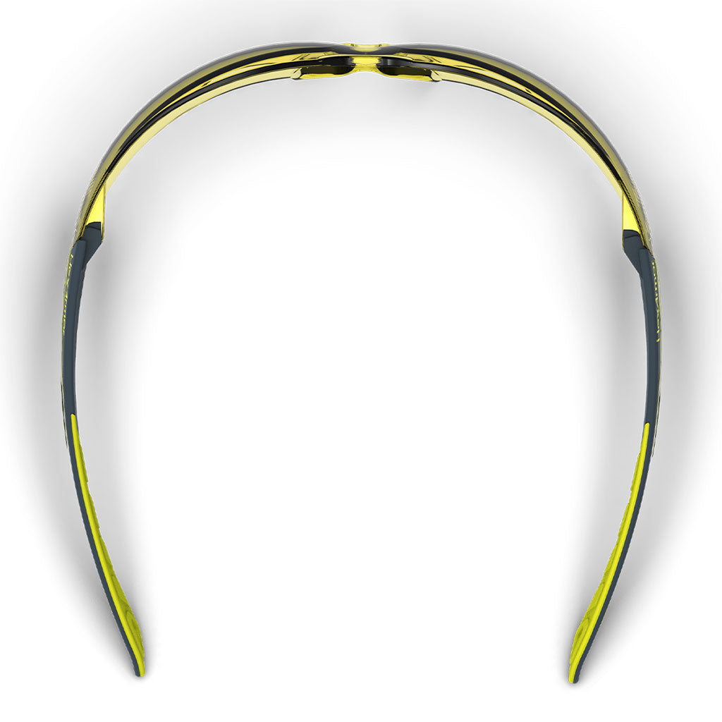 MX200 amber scratch-resistant safety glasses from the top-down showcasing the nose piece and temples.