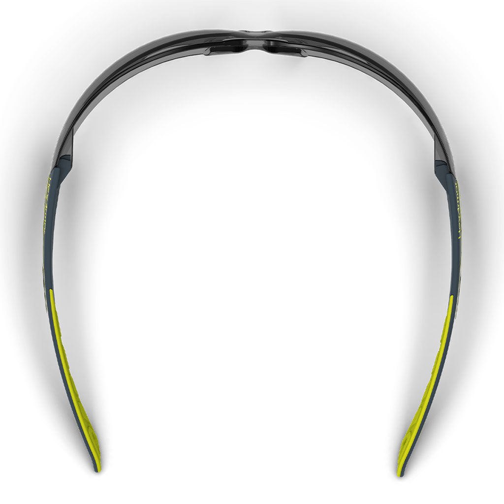 MX200 grey 23 scratch-resistant safety glasses from the top-down showcasing the nose piece and temples.