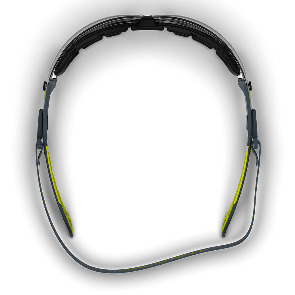 MX200G safety spoggles from the top-down showcasing the foam gasket and head strap.