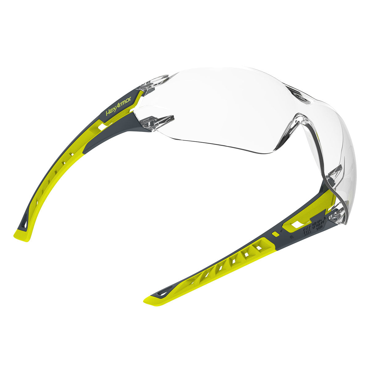 Floating MX225 safety glasses showcasing the optical clarity of the lenses. 