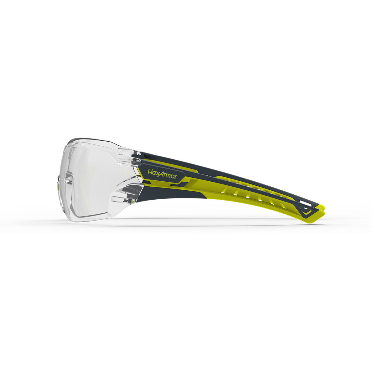 MX225 anti-fog safety glasses safety glasses from the side showcasing the HexArmor logo on the frame.