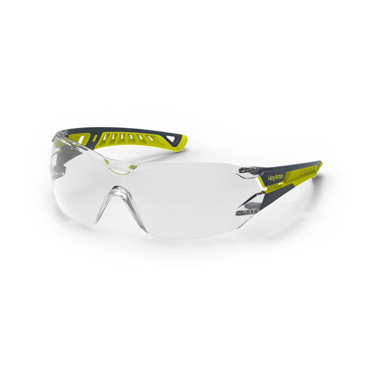 Grey and yellow MX225 anti-fog safety glasses shown as they are sitting on a table.
