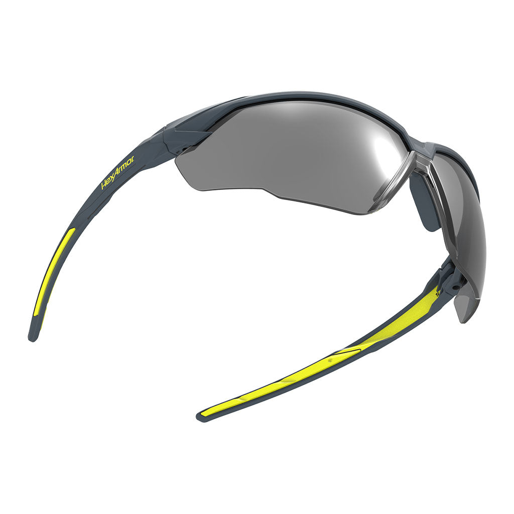 Floating NX1 weld shade safety glasses showcasing the wide field of vision.