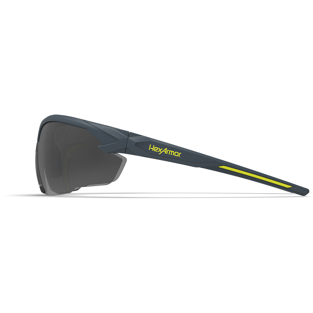 NX1 weld shade safety glasses from the side showcasing the HexArmor logo on the frame.