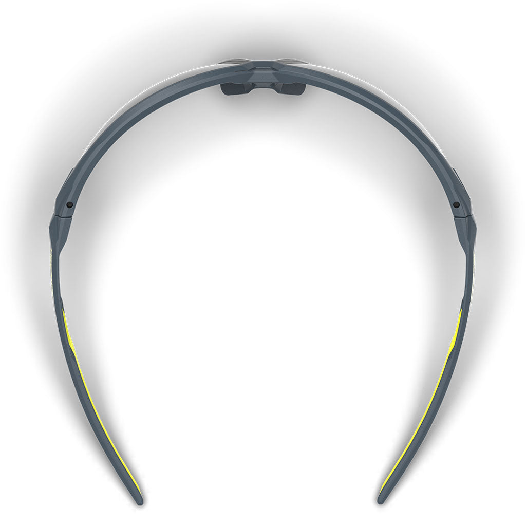 NX1 weld shade safety glasses from the top-down showcasing the dual hard and soft components.