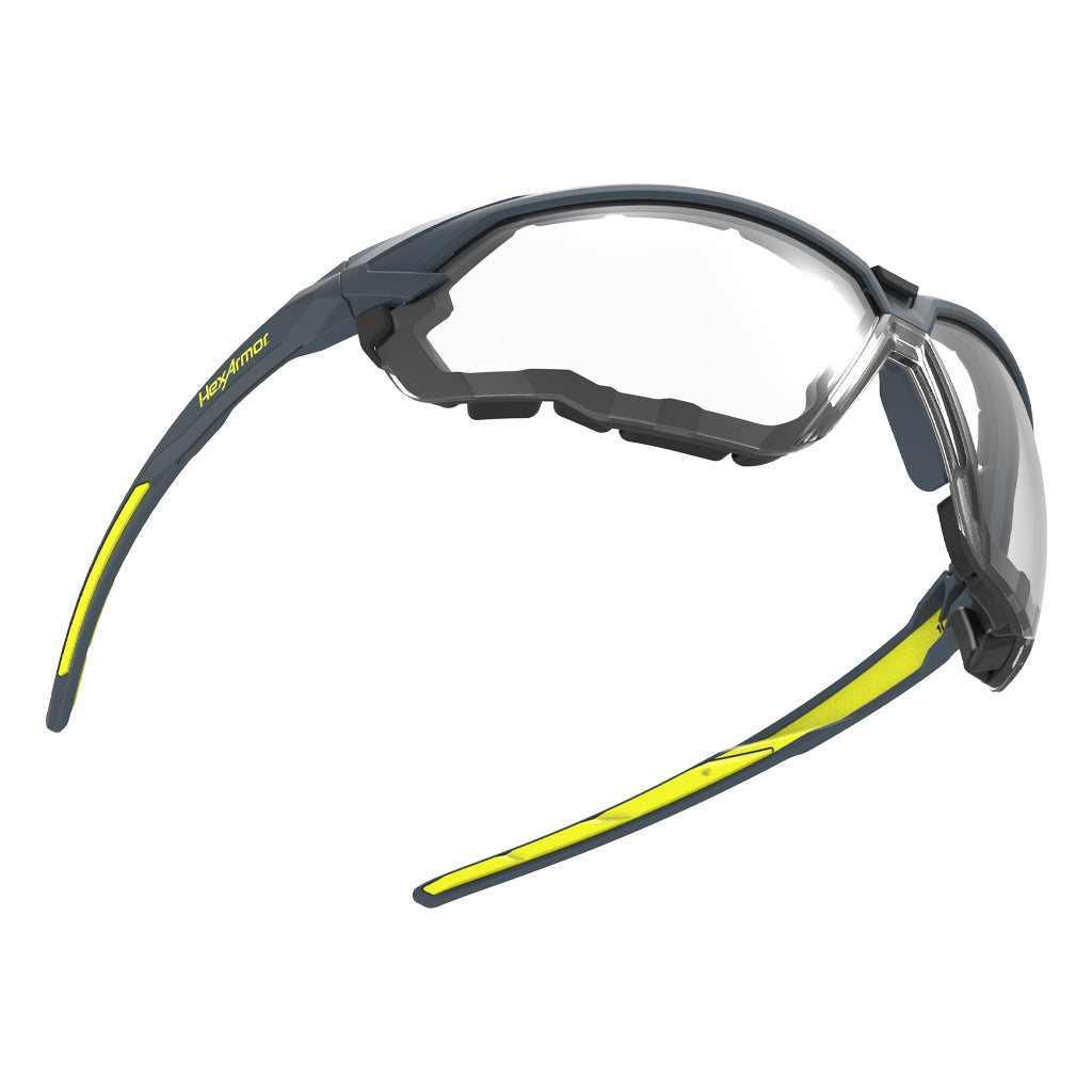 Floating NX1G gasketed safety glasses showcasing the optical clarity of the lenses. 