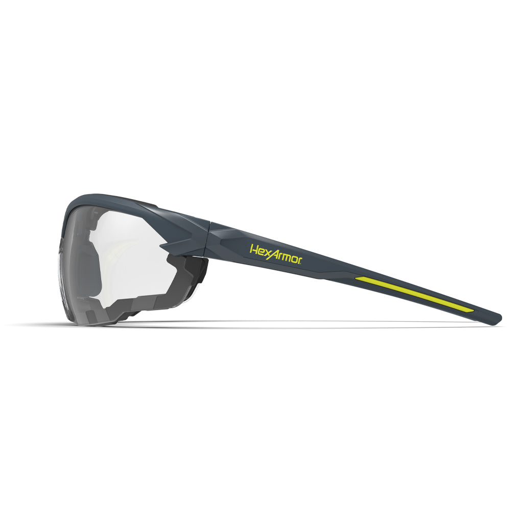 NX1G gasketed safety glasses from the side showcasing the HexArmor logo on the frame.