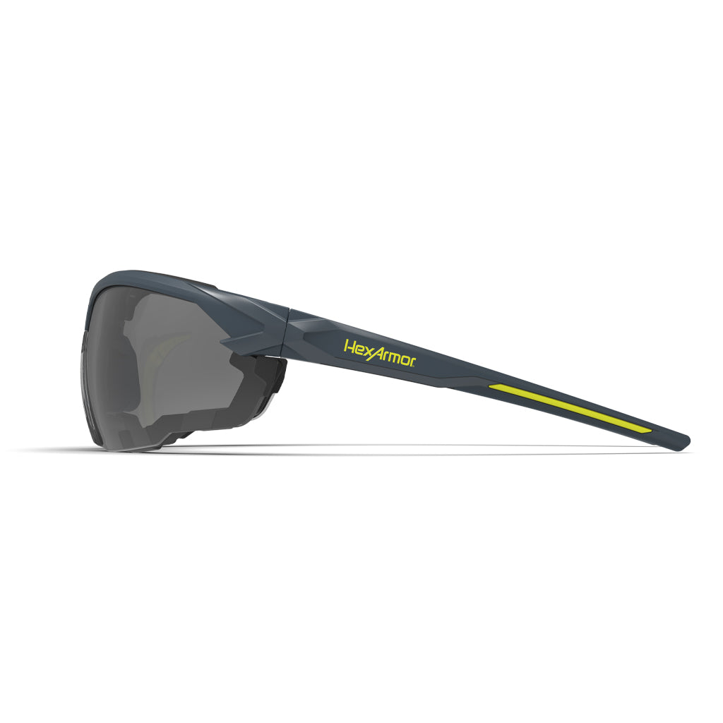 NX1G weld shade gasketed safety glasses from the side showcasing the HexArmor logo on the frame.