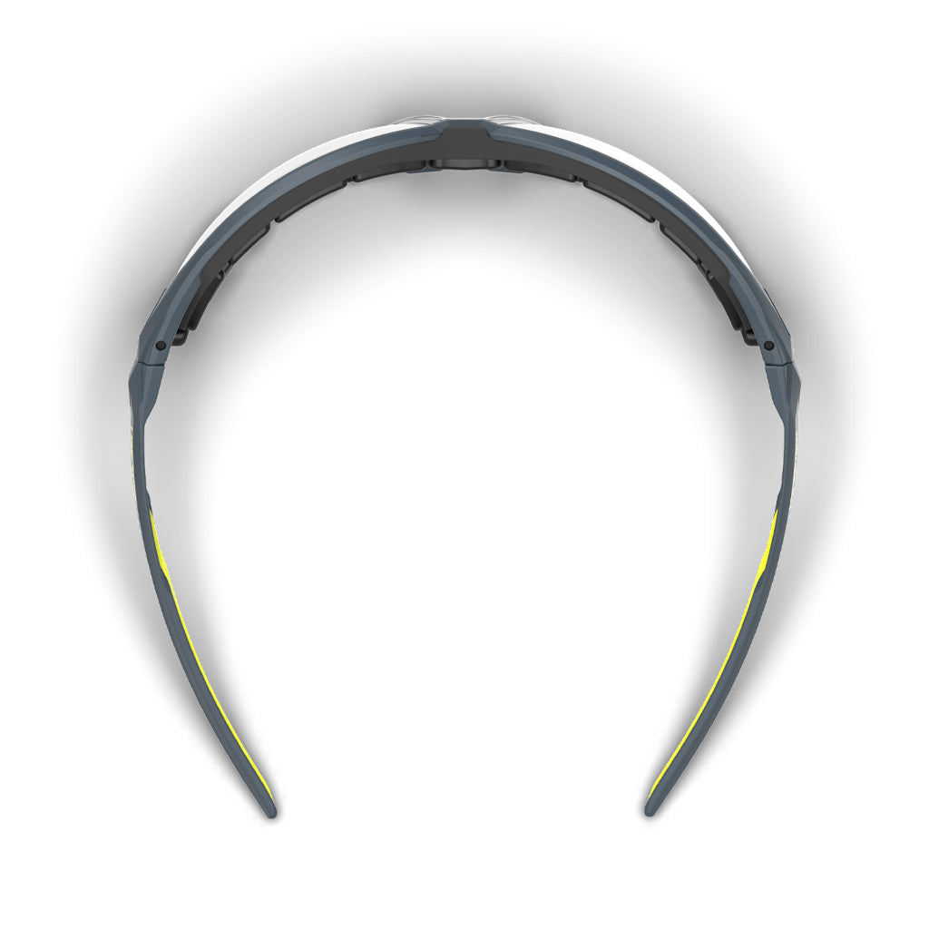 NX1G gasketed safety glasses from the top-down showcasing the dual hard and soft components.