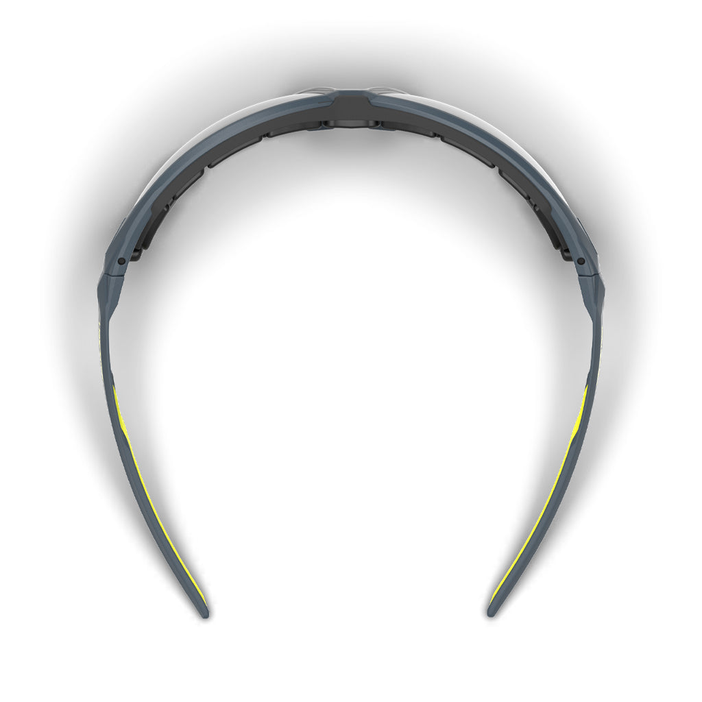 NX1G weld shade gasketed safety glasses from the top-down showcasing the dual hard and soft components.