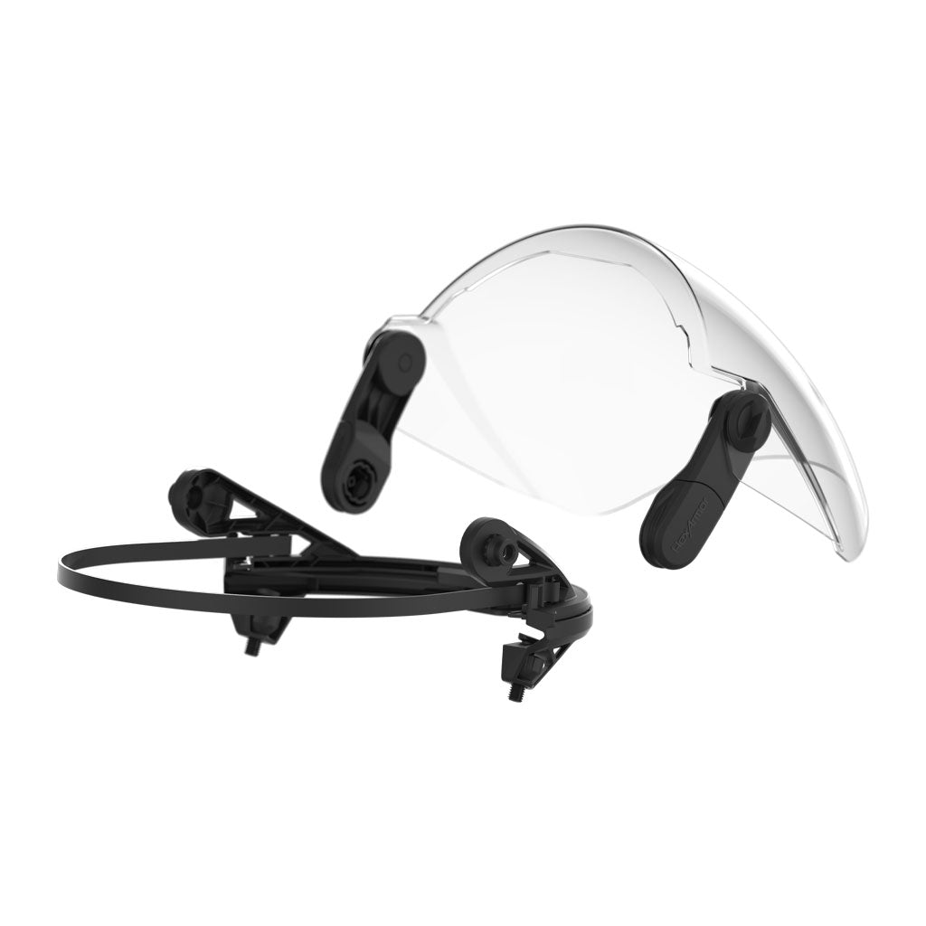 Detached view of the HexArmor TruSpan face shield, separated from the adaptable headgear frame that allows it to fit a variety of safety helmet models.