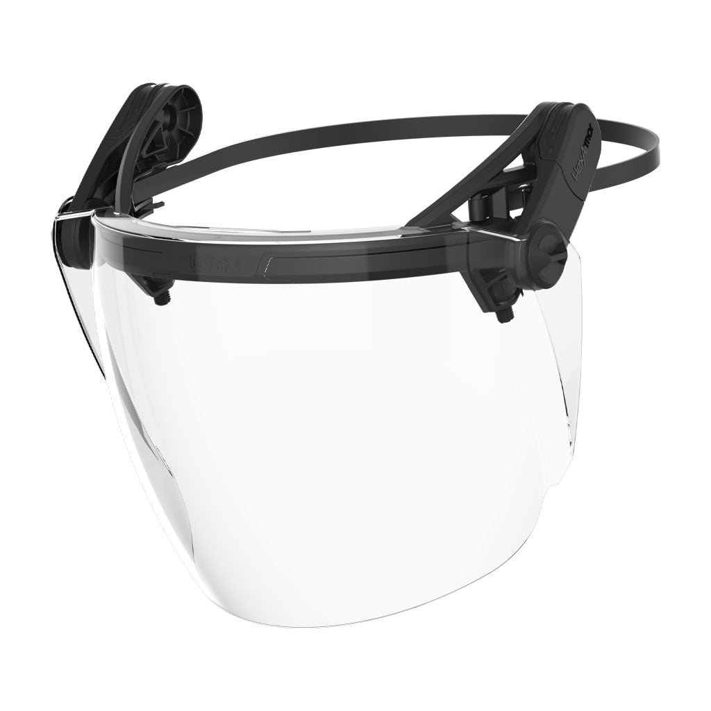 Front view of the HexArmor TruSpan Universal Face Shield, showcasing its wide, wraparound design that provides full-face coverage and protection.