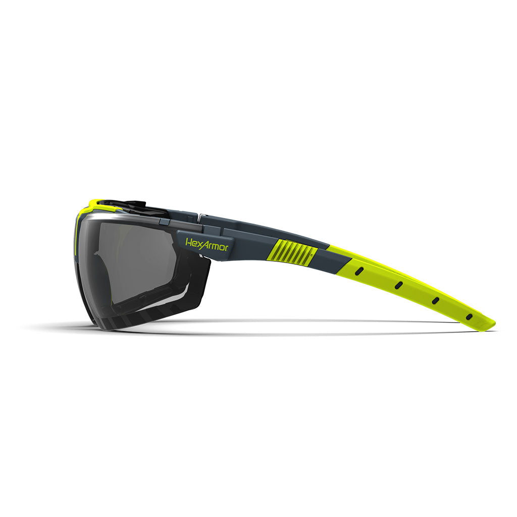 VS300SG grey anti-fog safety glasses from the side showcasing the HexArmor logo on the frame.