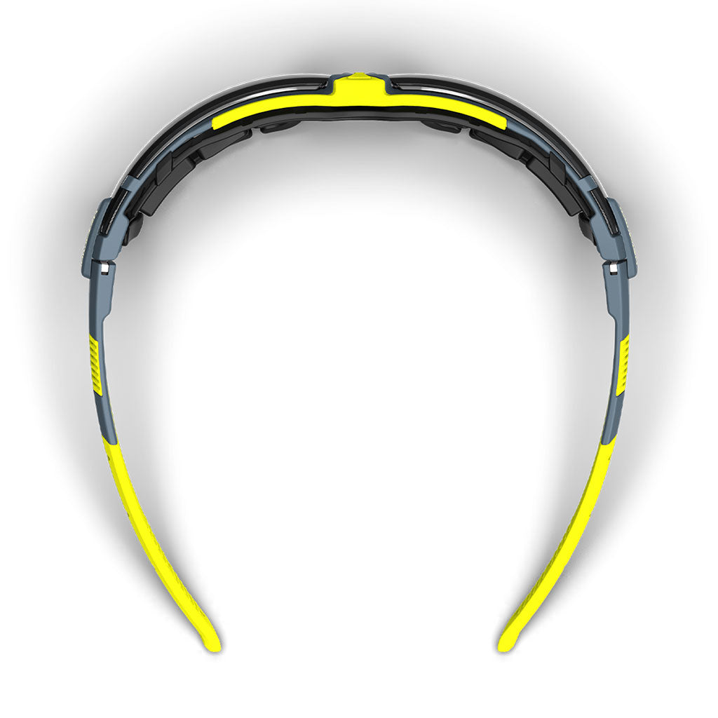 VS300SG grey scratch-resistant safety glasses from the top-down showcasing foam gasket.